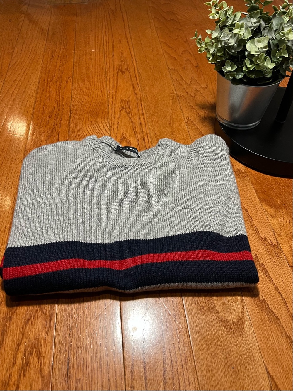 Brandy Melville Grey Crewneck Sweater with Navy and Red Hem Stripes